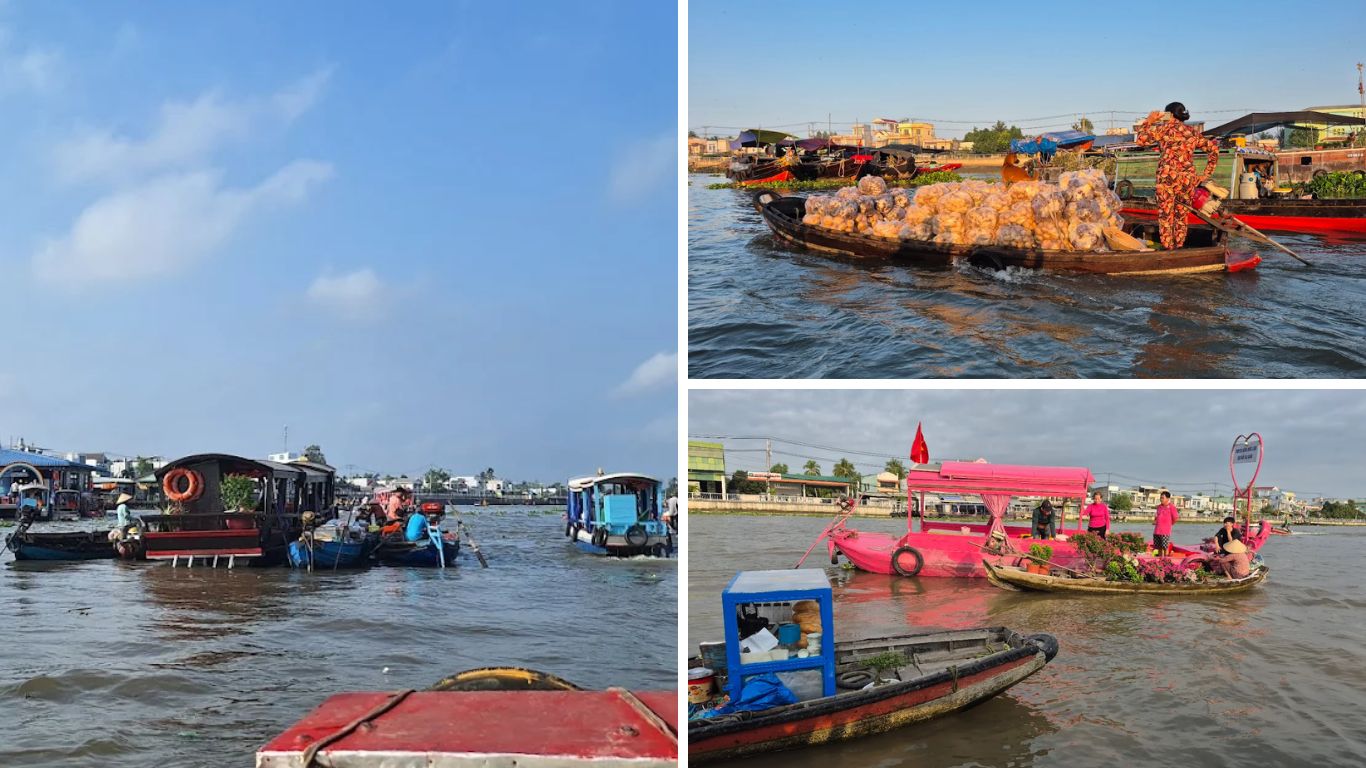 Cai Rang floating market Can Tho in August with high water season boats selling produce on the Mekong Delta river