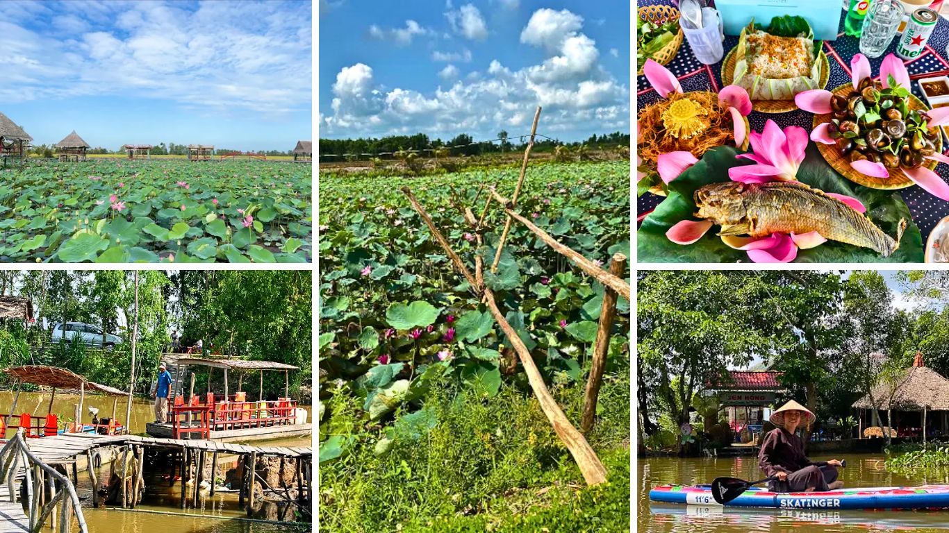 Dong Sen Thap Muoi lotus fields in August with flood season dining and local boat life in Dong Thap Mekong Delta