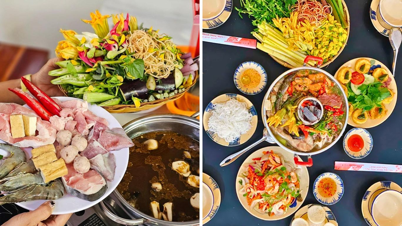 Lau ca linh bong dien dien Mekong Delta flood season hotpot with young linh fish and sesbania flowers August specialty dish