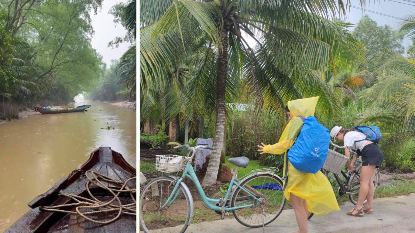 Mekong Delta rainy season August canal boat trip and cycling through countryside with rain poncho