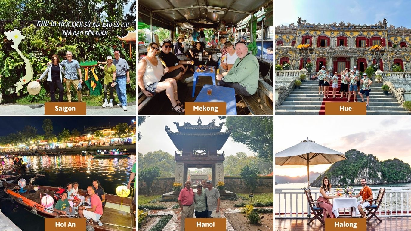 Travelers exploring Saigon, Mekong Delta, Hue, Hoi An, Hanoi, and Halong Bay on a 12 day Vietnam tour
