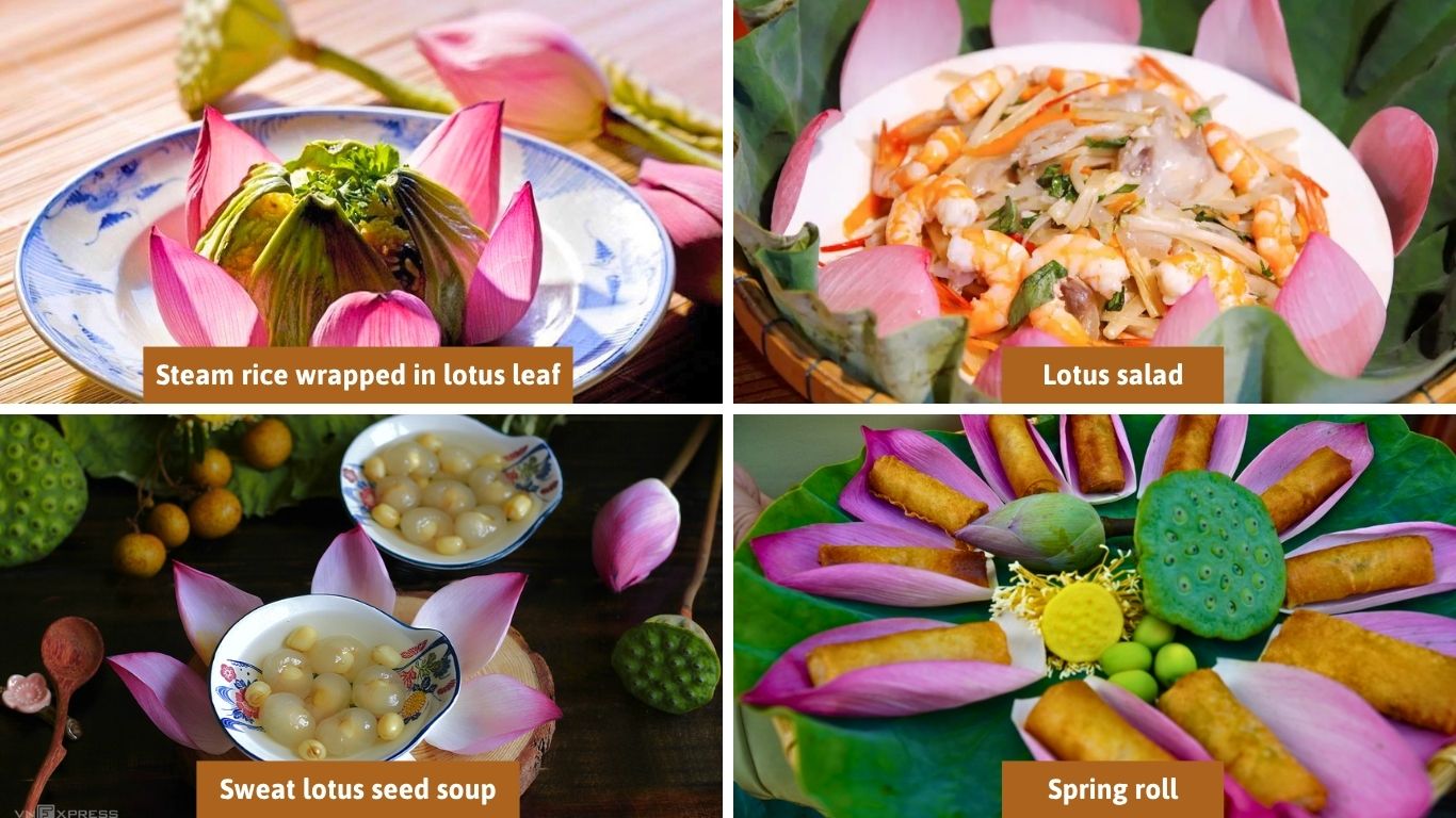 Traditional lotus based dishes from Dong Thap including steamed rice in lotus leaf, lotus salad, sweet lotus seed soup, and spring rolls served with lotus petals