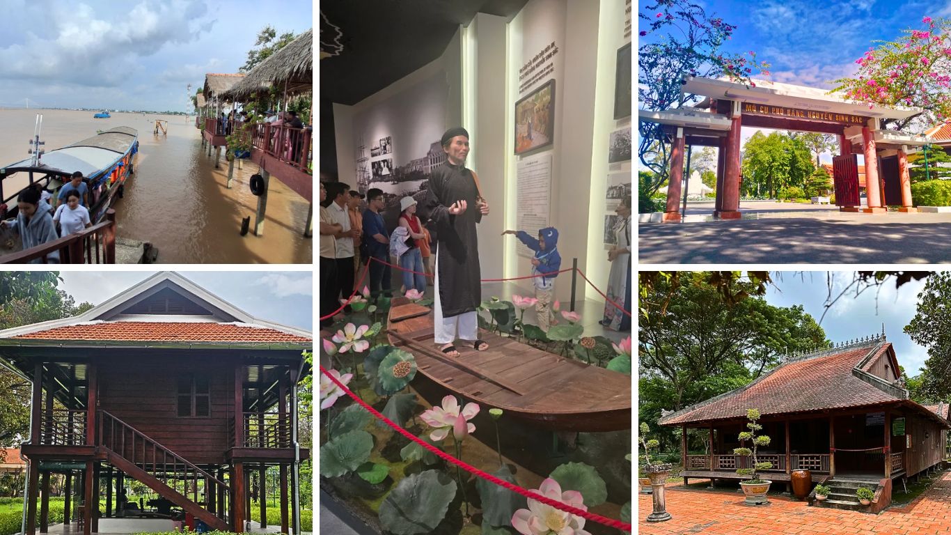 Nguyen Sinh Sac Memorial Site in Cao Lanh Dong Thap with traditional Vietnamese houses, museum exhibit, and memorial gate in Mekong Delta Vietnam