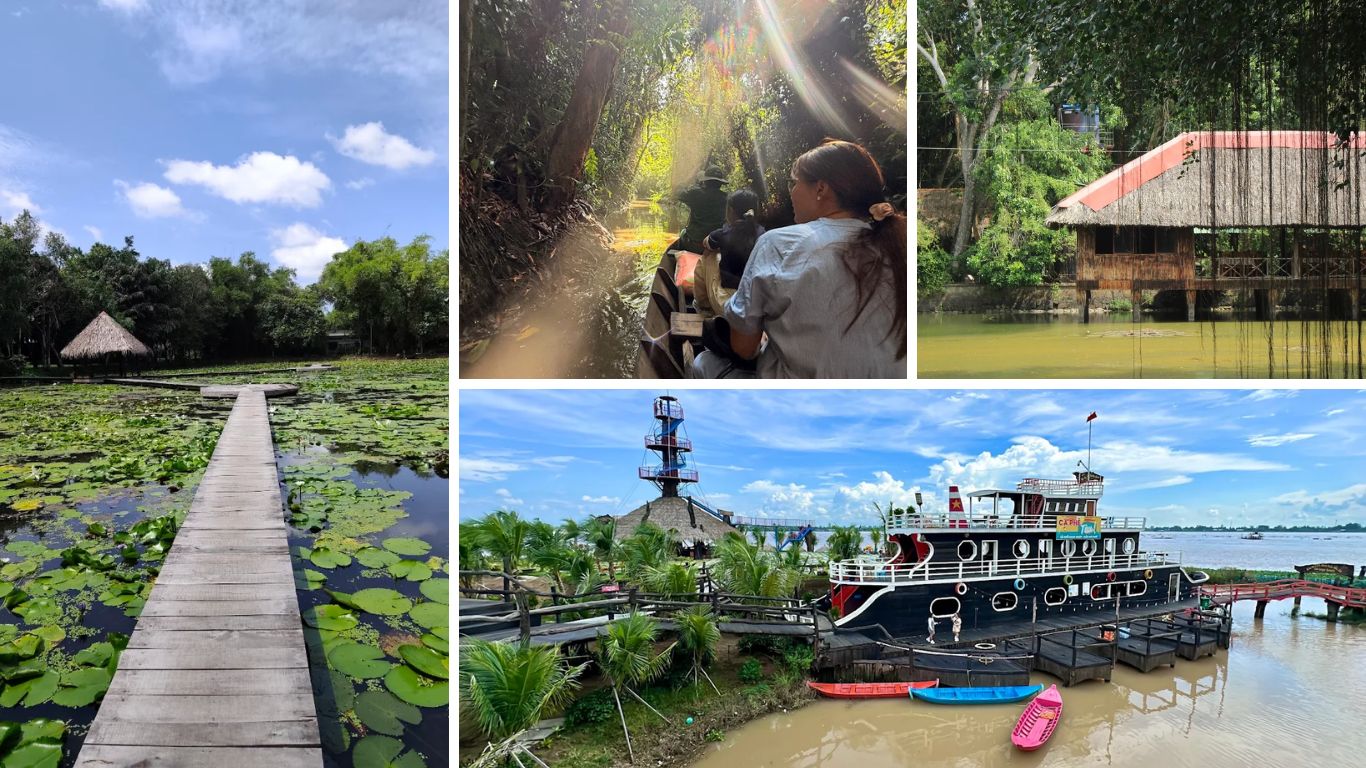 Dong Thap Muoi wetlands during flood season with wooden boardwalk over lotus pond, sampan boat ride, and stilted thatched hut in Mekong Delta Vietnam