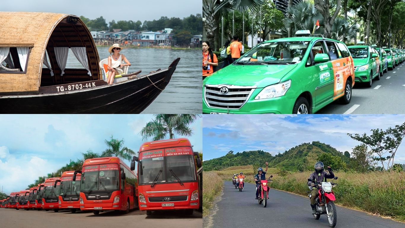Images of a cruise, taxi, buses, and motorbikes